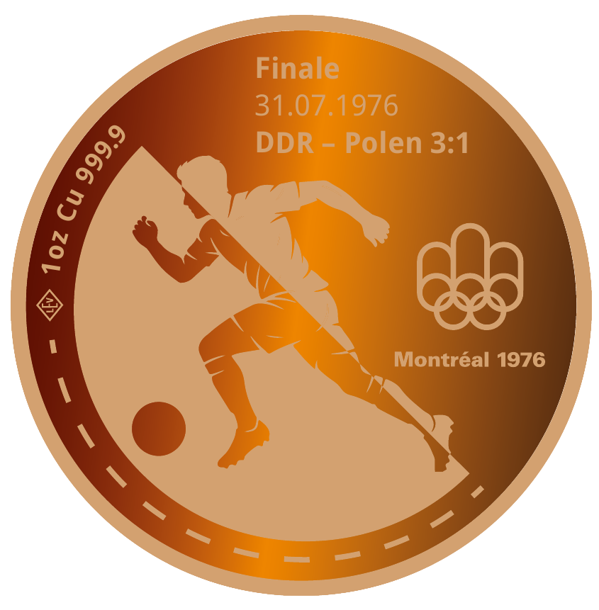 Kupfermedaille „Montreal 1976" – DDR Fußball-Gold | 1 oz Feinkupfer 999,9
